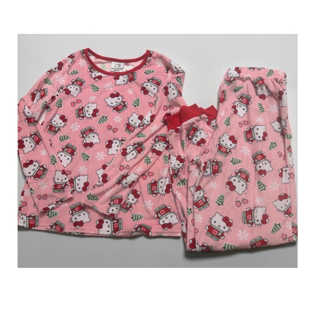 Hello Kitty Sanrio Girls Pink Fleece Christmas Pajama Set Size L 10/12 Winter